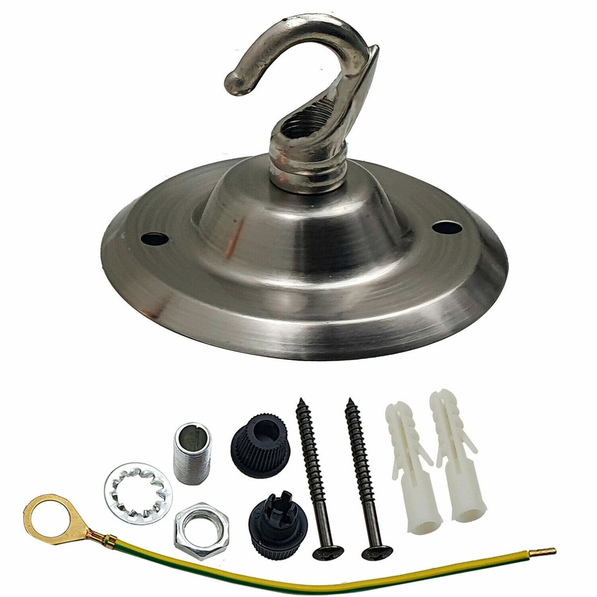 Flat Fit Ceiling Roses & Bars – 65 mm to 500 mm, Up to 9 Outlets - Satin Nickel, 75 mm with Hook, Single
