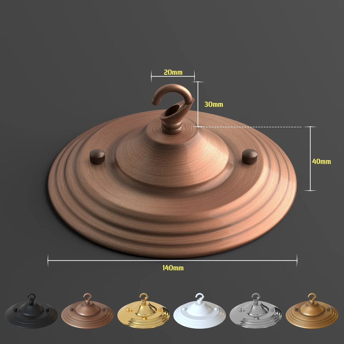 Flat-Fit Ceiling Rose with Hook – 5 Plate Styles, 8 Finishes - Rose Gold, 140 mm Tiered Plate, Hook, Single