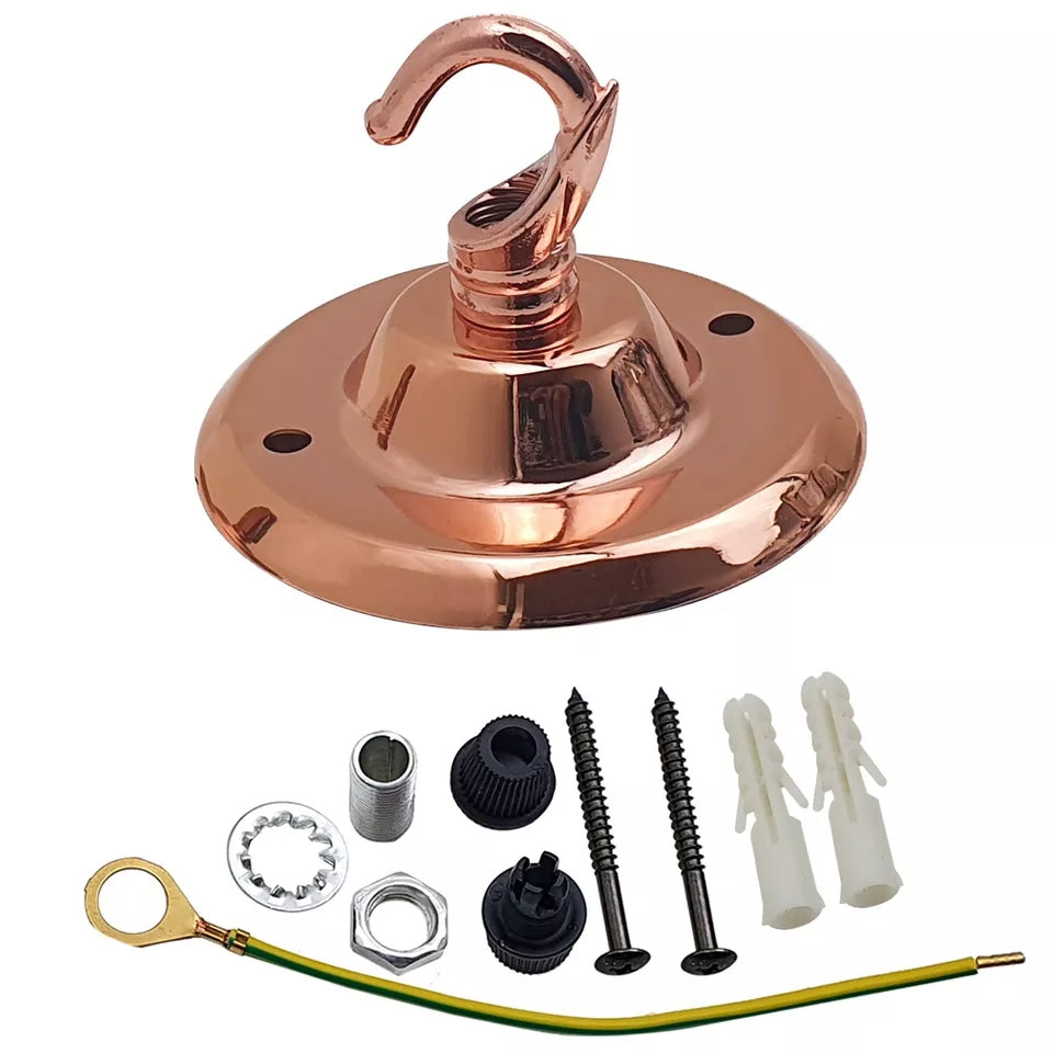 Flat-Fit Ceiling Rose with Hook – 5 Plate Styles, 8 Finishes - Rose Gold, 75 mm Small Plate, Hook, Single