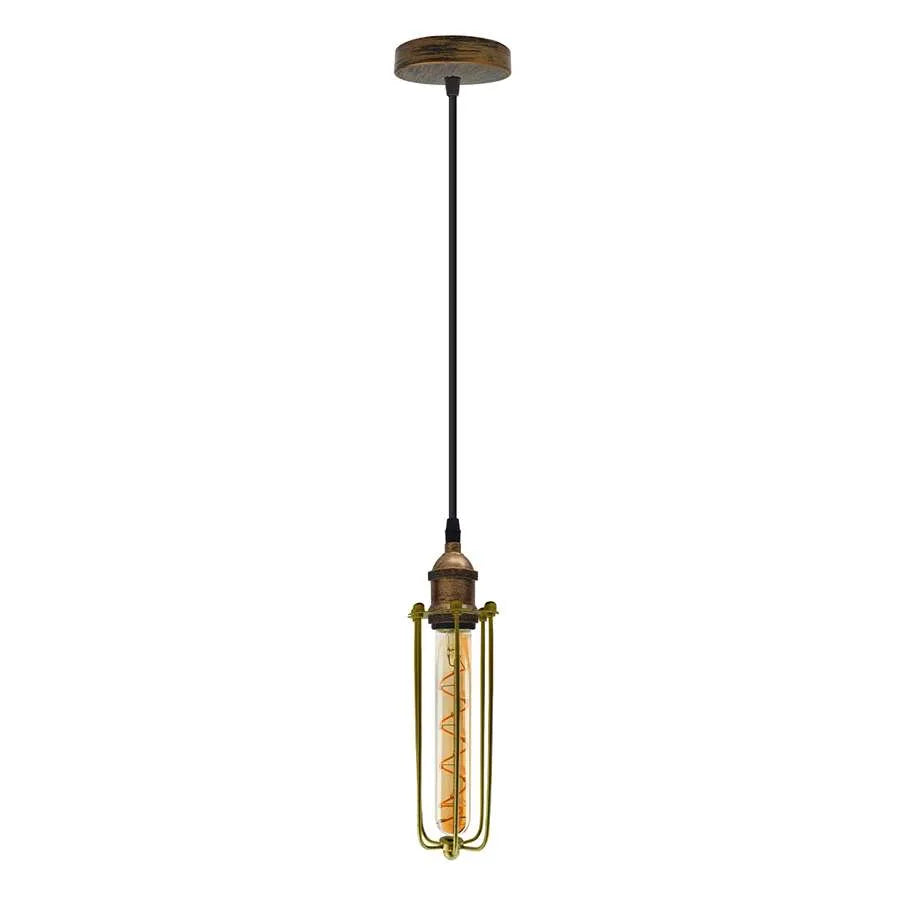 Retro Pendant Light Fitting – Brushed Brass or Copper, Many Shades - Brushed Brass, Long Cage Brushed Brass, ST185 LED Bulb 4W