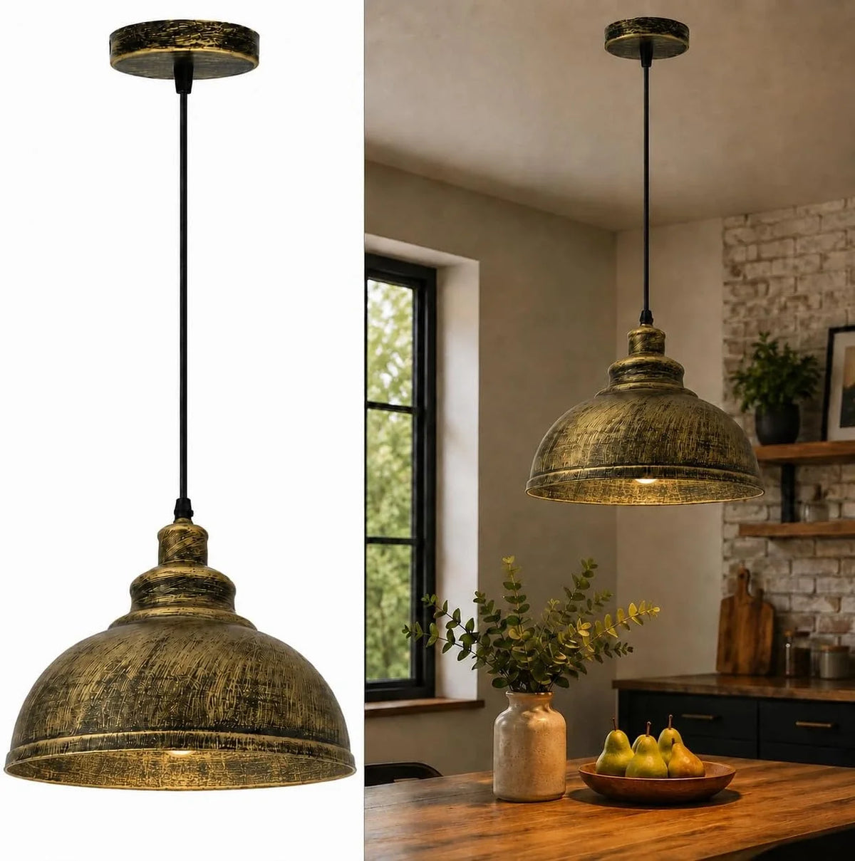 Retro Pendant Light Fitting – Brushed Brass or Copper, Many Shades - Brushed Brass, Curvy 29 cm Brushed Brass, Without Bulb