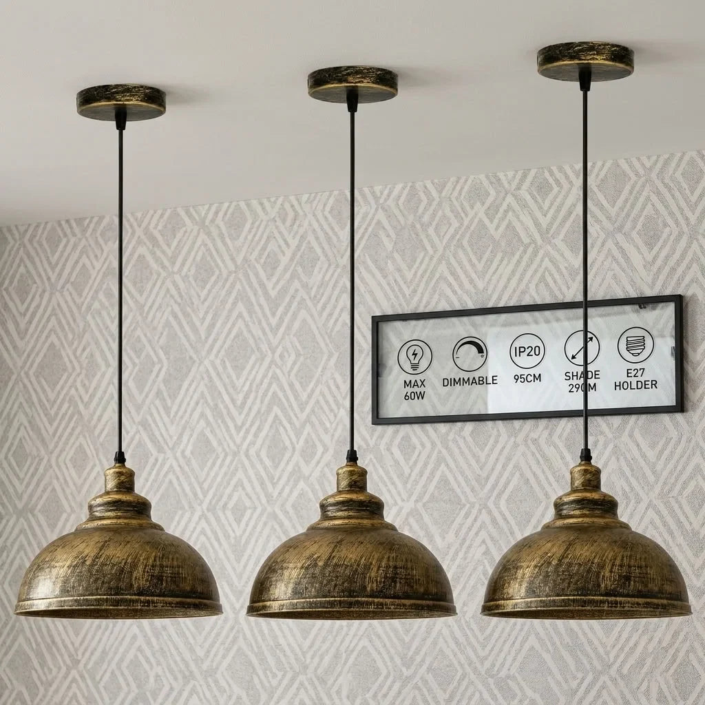 Retro Pendant Light Fitting – Brushed Brass or Copper, Many Shades - Brushed Brass, Curvy 29 cm Brushed Brass Pack of 3, Without Bulb