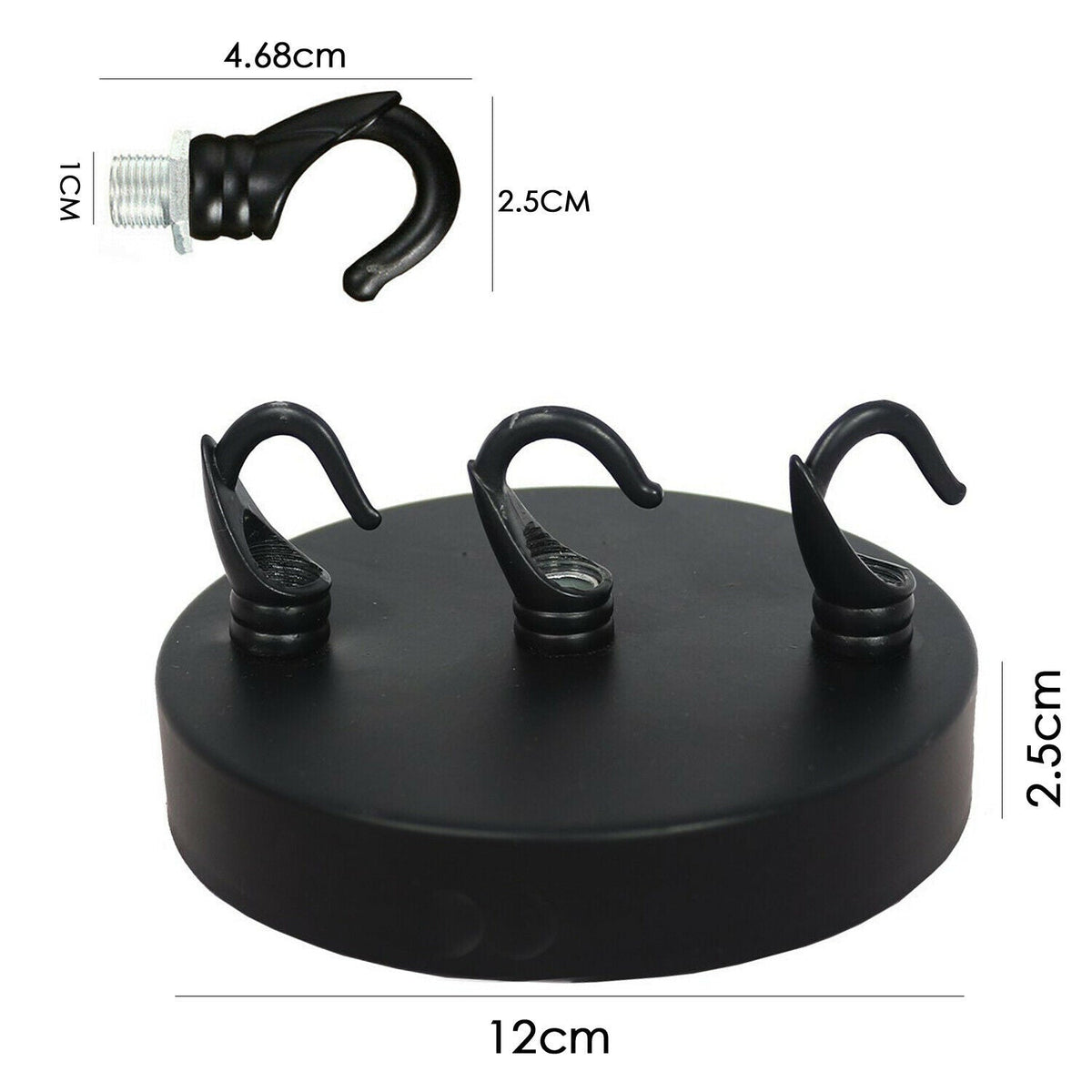 Ceiling Rose with Hook – Single or 2-9 Outlet Plates, 8 Finishes - 120 mm, 3 Outlets with Hooks, Black, Single