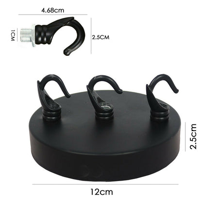 Ceiling Rose with Hook – Single or 2-9 Outlet Plates, 8 Finishes - 120 mm, 3 Outlets with Hooks, Black, Single