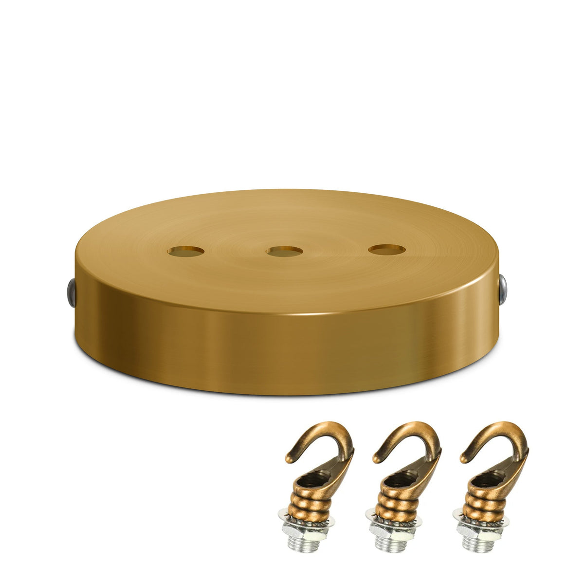 Ceiling Rose with Hook – Single or 2-9 Outlet Plates, 8 Finishes - 120 mm, 3 Outlets with Hooks, Yellow Brass, Single