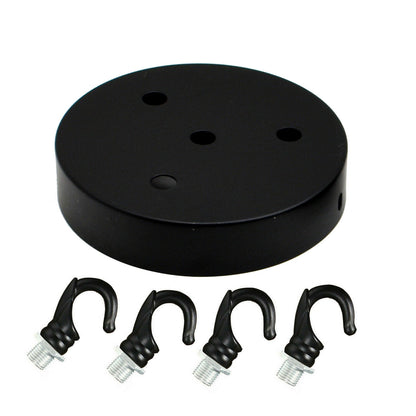 Ceiling Rose with Hook – Single or 2-9 Outlet Plates, 8 Finishes - 120 mm, 4 Outlets with Hooks, Black, Single
