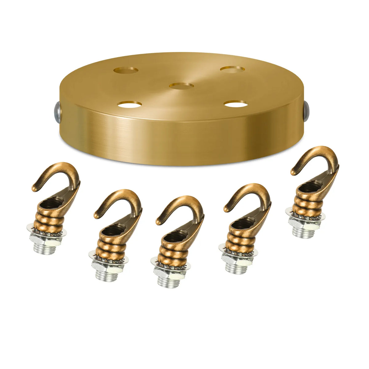 Ceiling Rose with Hook – Single or 2-9 Outlet Plates, 8 Finishes - 120 mm, 5 Outlets with Hooks, Yellow Brass, Single