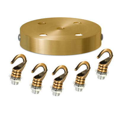 Ceiling Rose with Hook – Single or 2-9 Outlet Plates, 8 Finishes - 120 mm, 5 Outlets with Hooks, Yellow Brass, Single