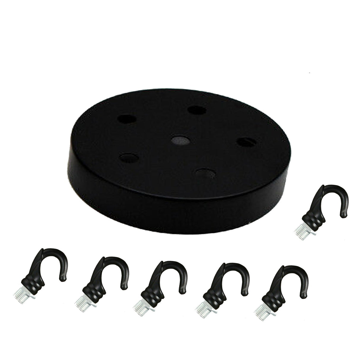 Ceiling Rose with Hook – Single or 2-9 Outlet Plates, 8 Finishes - 120 mm, 6 Outlets with Hooks, Black, Single