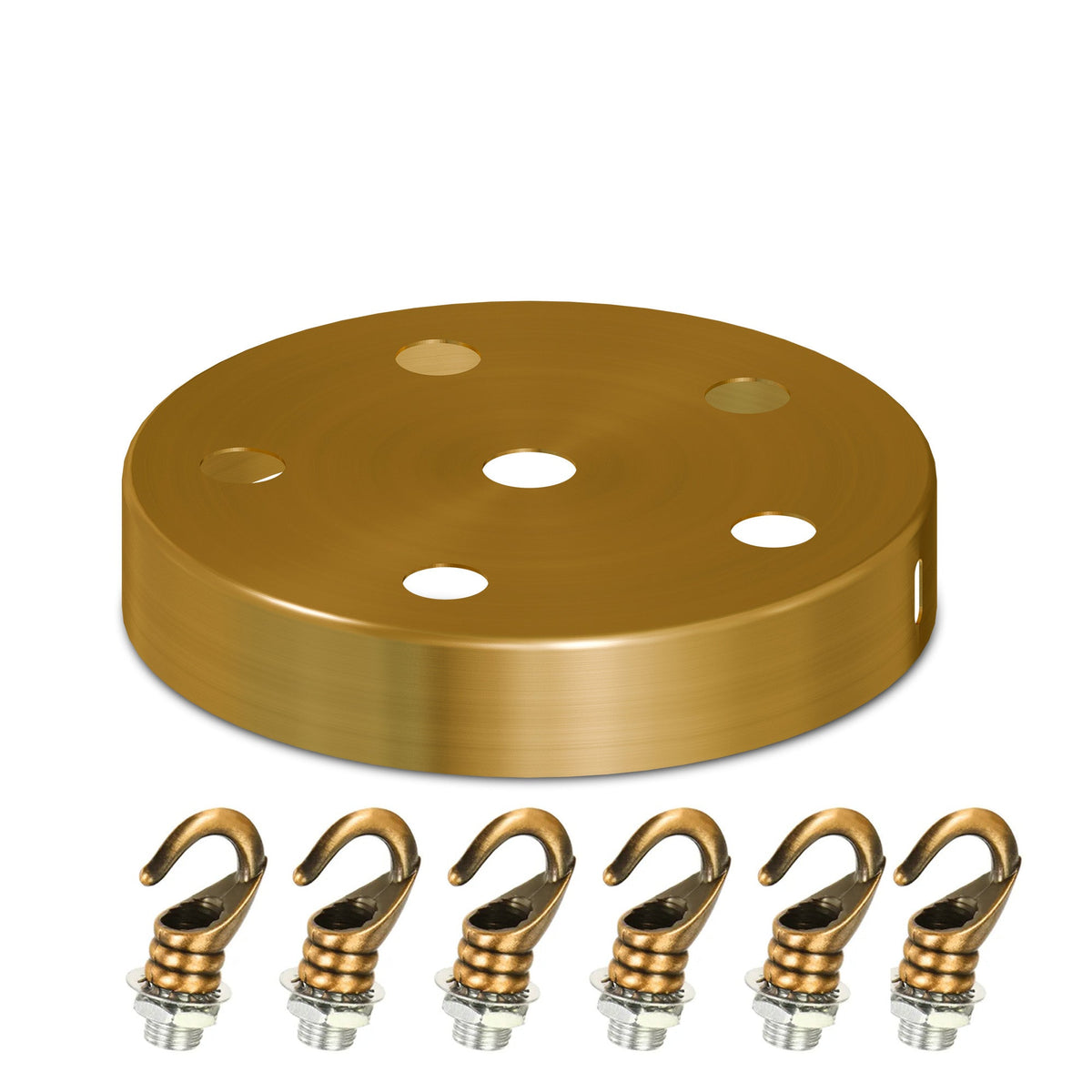 Ceiling Rose with Hook – Single or 2-9 Outlet Plates, 8 Finishes - 120 mm, 6 Outlets with Hooks, Yellow Brass, Single