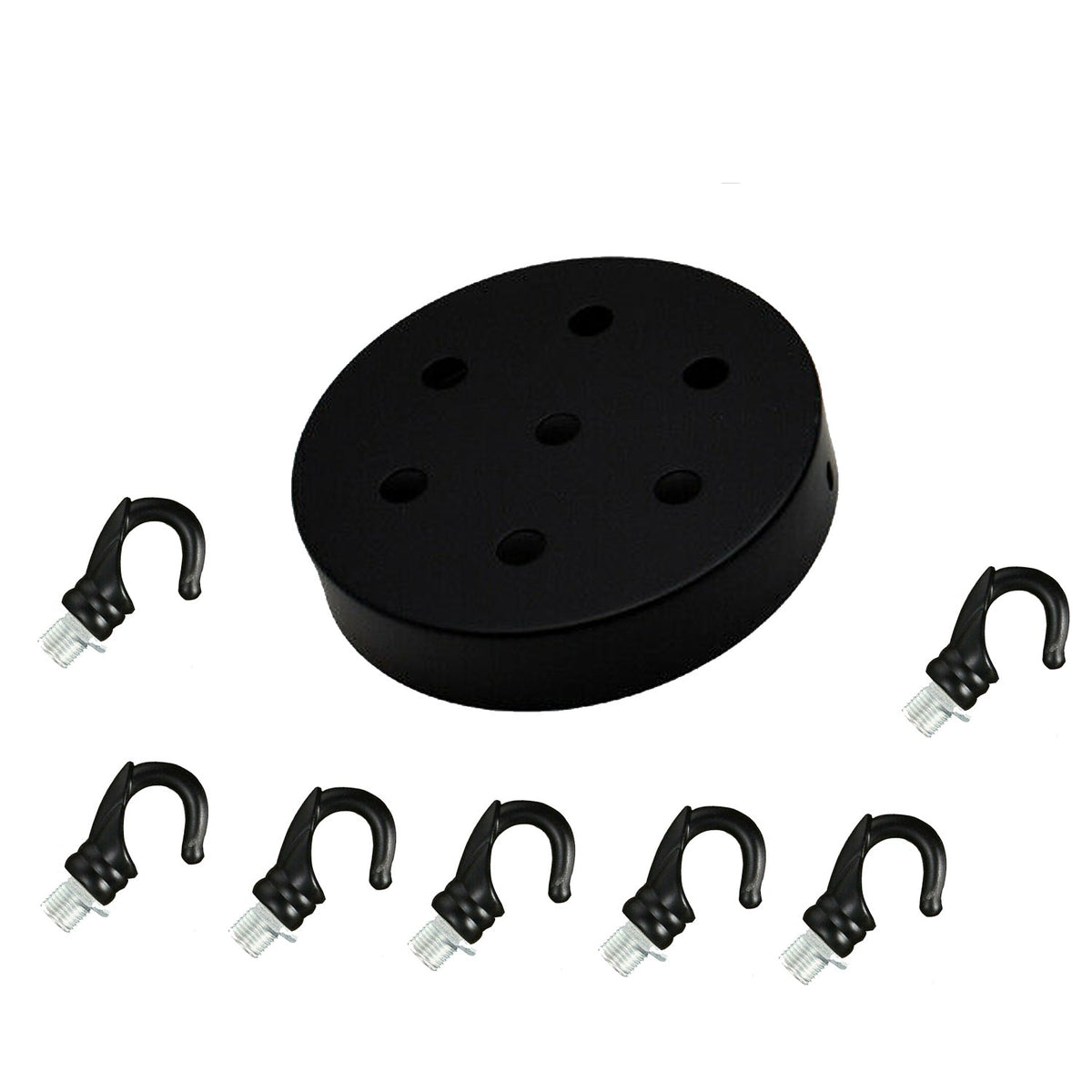 Ceiling Rose with Hook – Single or 2-9 Outlet Plates, 8 Finishes - 120 mm, 7 Outlets with Hooks, Black, Single