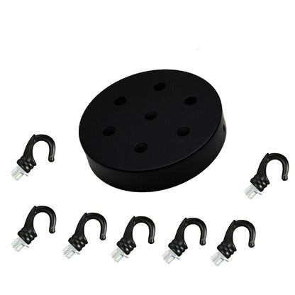 Ceiling Rose with Hook – Single or 2-9 Outlet Plates, 8 Finishes - 120 mm, 7 Outlets with Hooks, Black, Single