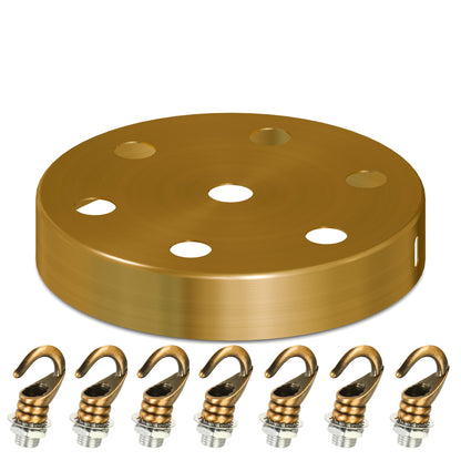 Ceiling Rose with Hook – Single or 2-9 Outlet Plates, 8 Finishes - 120 mm, 7 Outlets with Hooks, Yellow Brass, Single