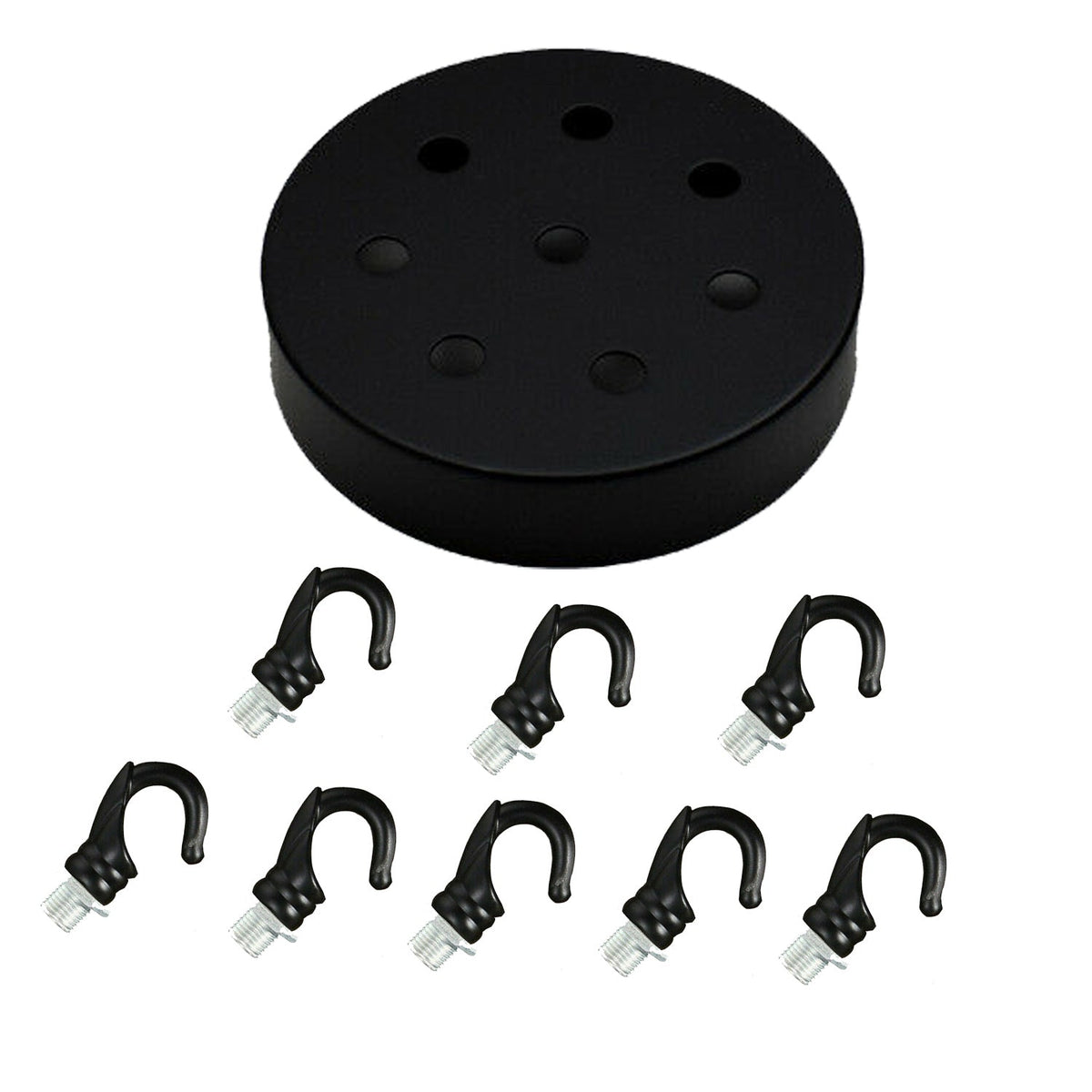 Ceiling Rose with Hook – Single or 2-9 Outlet Plates, 8 Finishes - 120 mm, 8 Outlets with Hooks, Black, Single