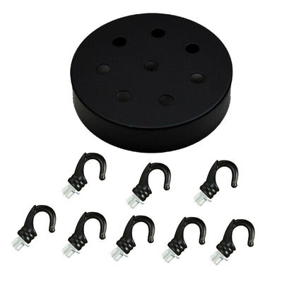 Ceiling Rose with Hook – Single or 2-9 Outlet Plates, 8 Finishes - 120 mm, 8 Outlets with Hooks, Black, Single
