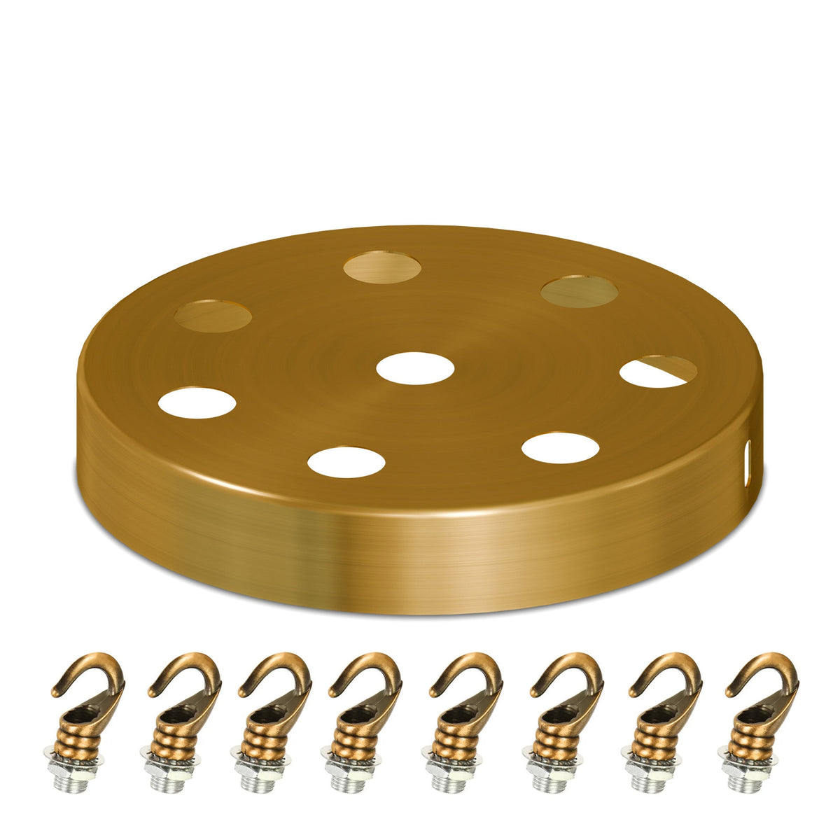 Ceiling Rose with Hook – Single or 2-9 Outlet Plates, 8 Finishes - 120 mm, 8 Outlets with Hooks, Yellow Brass, Single