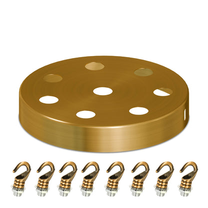 Ceiling Rose with Hook – Single or 2-9 Outlet Plates, 8 Finishes - 120 mm, 8 Outlets with Hooks, Yellow Brass, Single