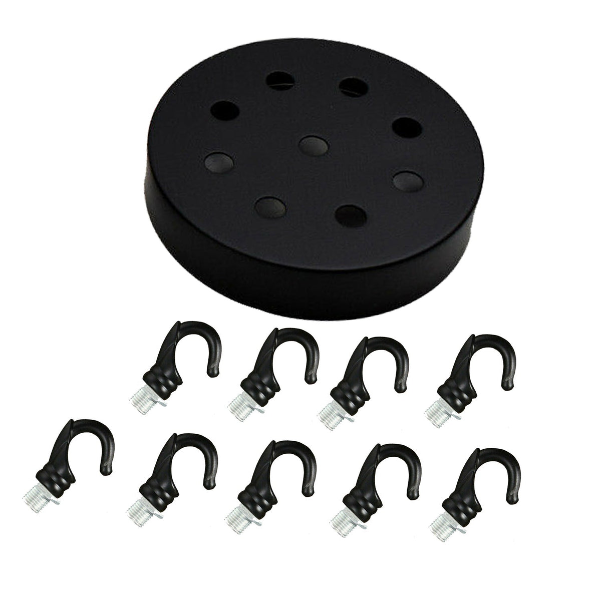 Ceiling Rose with Hook – Single or 2-9 Outlet Plates, 8 Finishes - 120 mm, 9 Outlets with Hooks, Black, Single