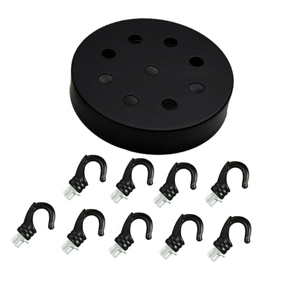 Ceiling Rose with Hook – Single or 2-9 Outlet Plates, 8 Finishes - 120 mm, 9 Outlets with Hooks, Black, Single