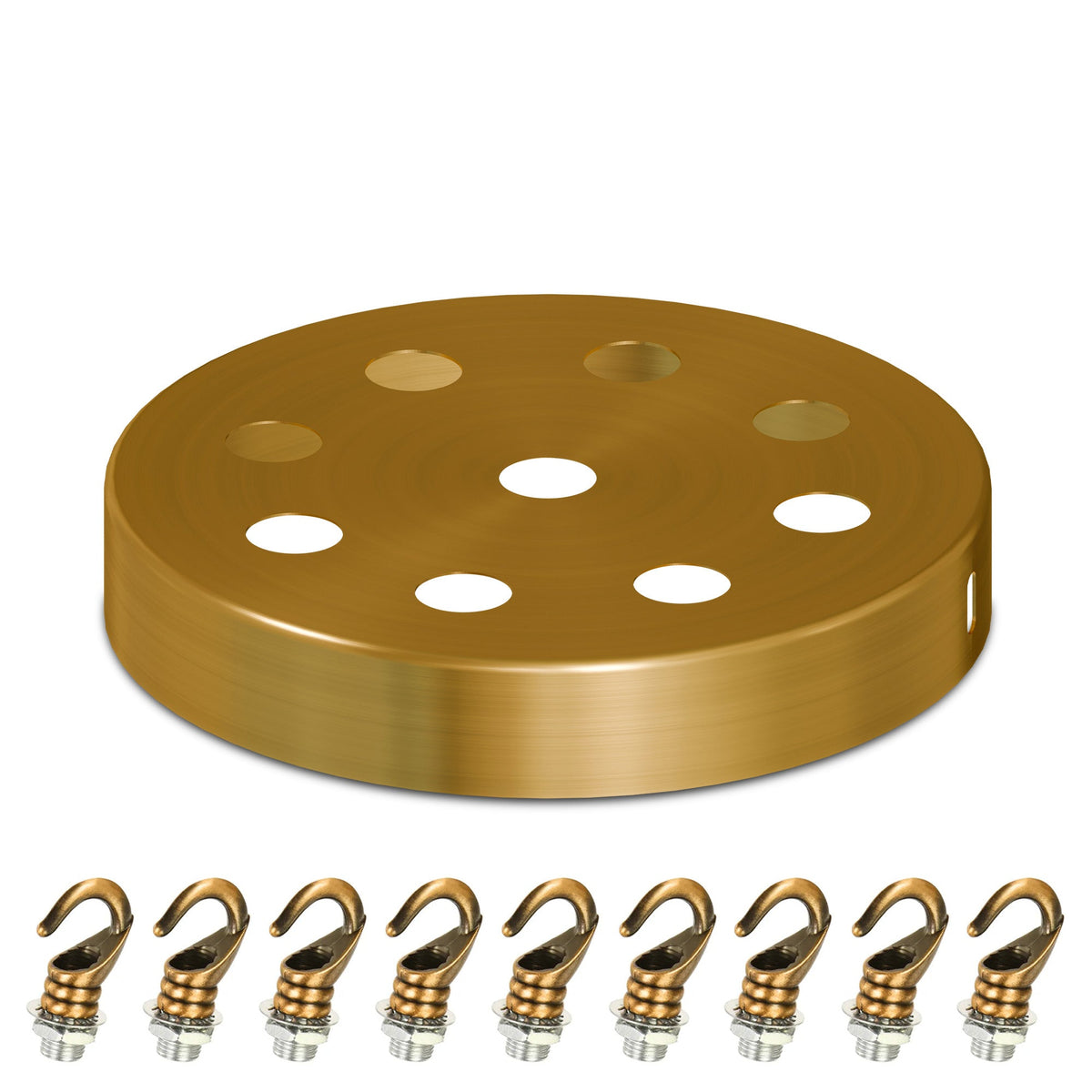 Ceiling Rose with Hook – Single or 2-9 Outlet Plates, 8 Finishes - 120 mm, 9 Outlets with Hooks, Yellow Brass, Single