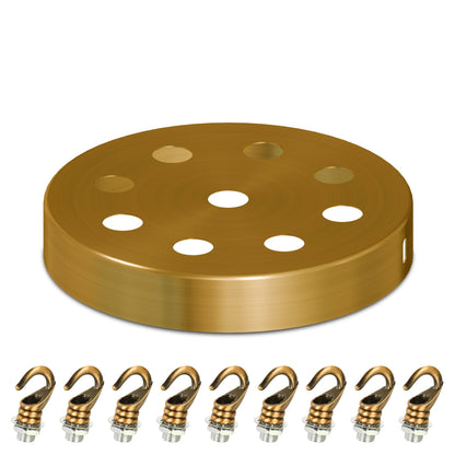 Ceiling Rose with Hook – Single or 2-9 Outlet Plates, 8 Finishes - 120 mm, 9 Outlets with Hooks, Yellow Brass, Single
