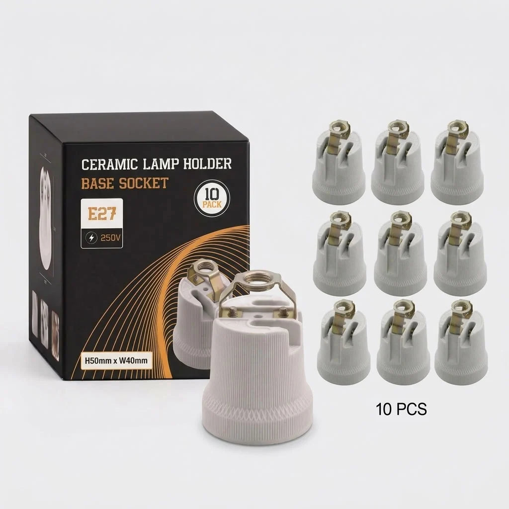 Ceramic E27 Bulb Holder with Top Bracket – 40 x 50 mm - Pack of 10, Standard, White