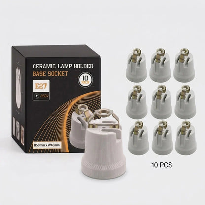 Ceramic E27 Bulb Holder with Top Bracket – 40 x 50 mm - Pack of 10, Standard, White