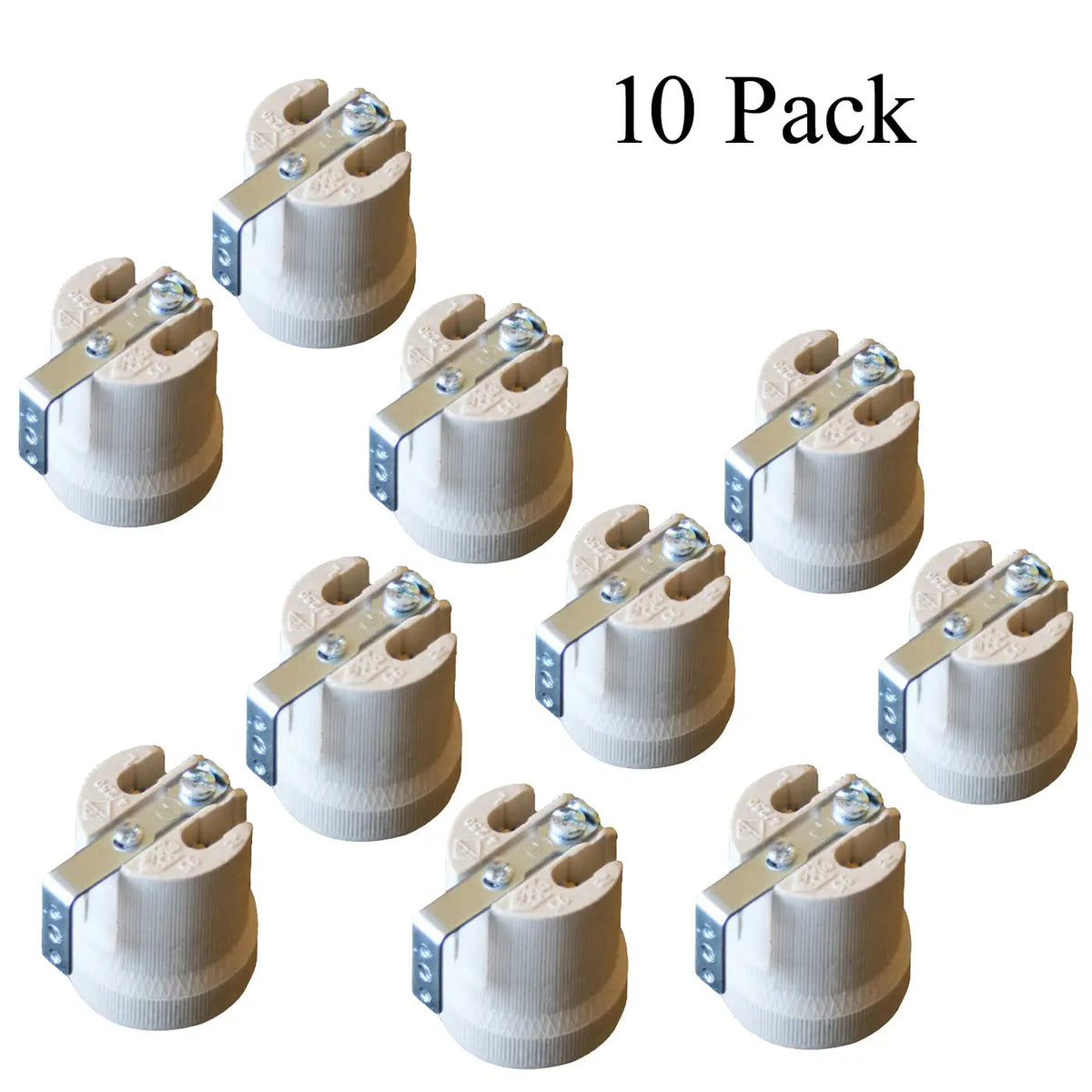 Ceramic E27 Heat Lamp Holder with Metal Clip Bracket – 60W - Pack of 10, Standard, White