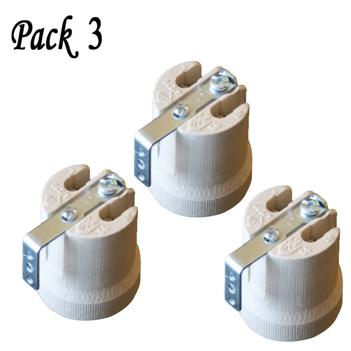 Ceramic E27 Heat Lamp Holder with Metal Clip Bracket – 60W - Pack of 3, Standard, White
