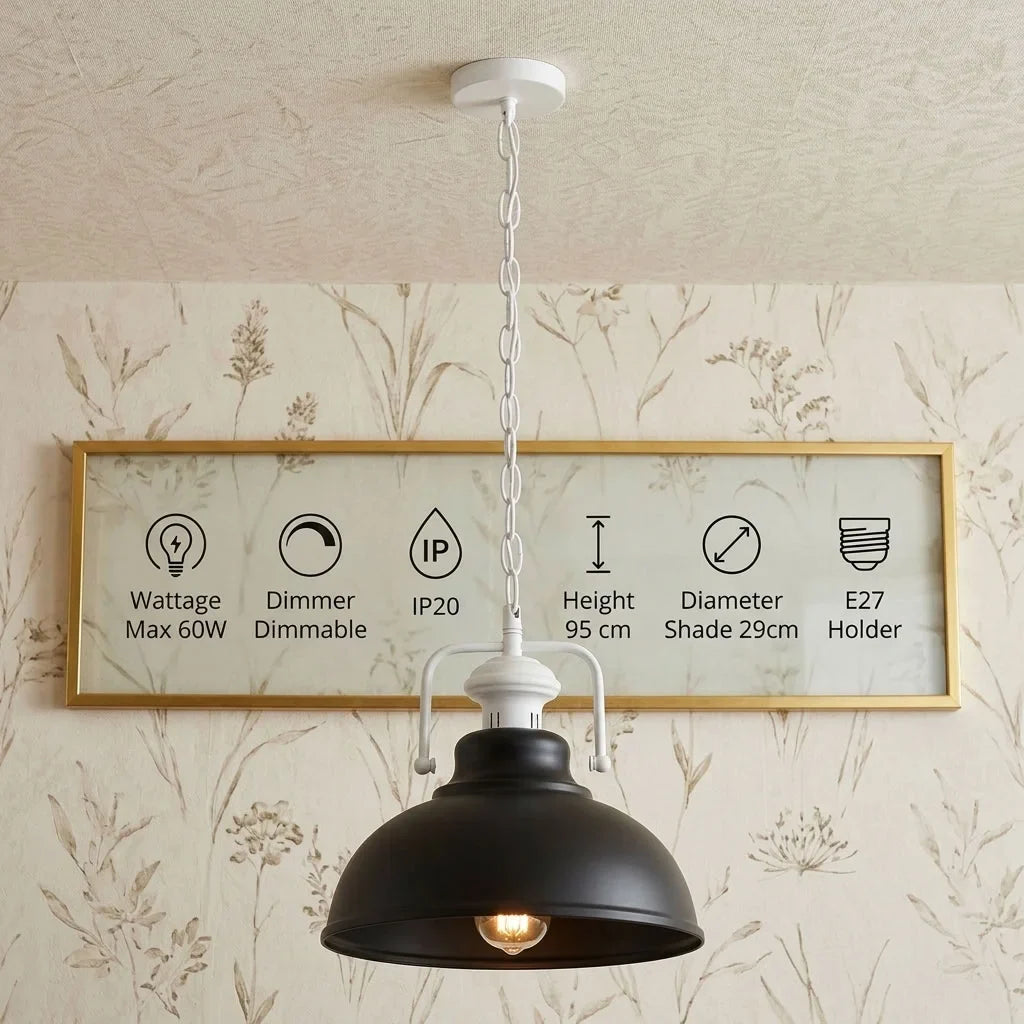 Chain Pendant Light – Curvy 29 cm Metal Shade, White Yoke, 19 Colours - White, Curvy 29 cm Black, Without Bulb