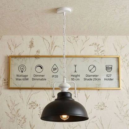 Chain Pendant Light – Curvy 29 cm Metal Shade, White Yoke, 19 Colours - White, Curvy 29 cm Black, Without Bulb