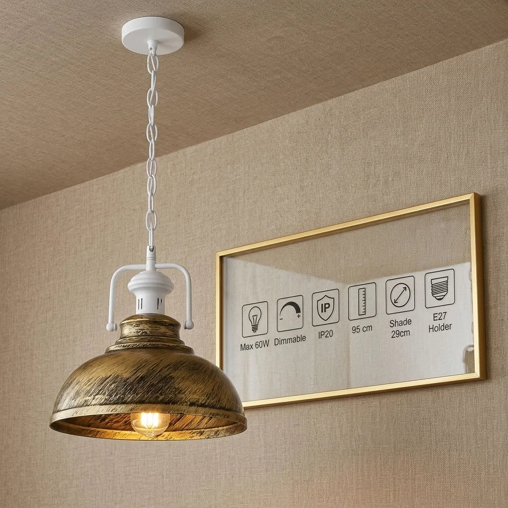Chain Pendant Light – Curvy 29 cm Metal Shade, White Yoke, 19 Colours - White, Curvy 29 cm Brushed Brass, Without Bulb
