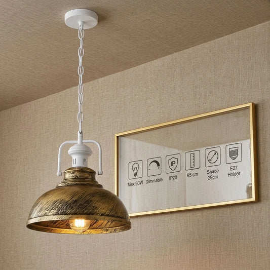 Chain Pendant Light – Curvy 29 cm Metal Shade, White Yoke, 19 Colours - White, Curvy 29 cm Brushed Brass, Without Bulb