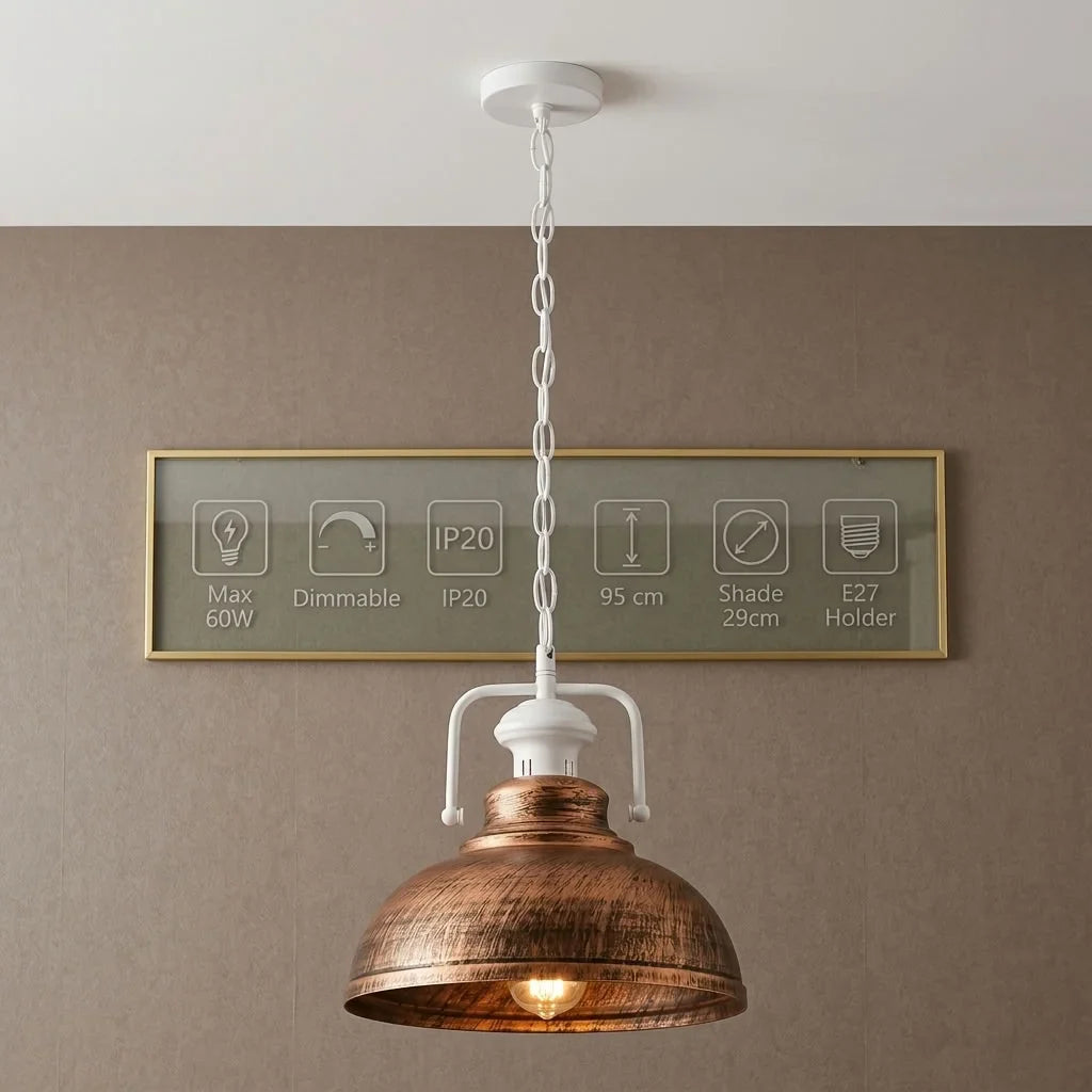 Chain Pendant Light – Curvy 29 cm Metal Shade, White Yoke, 19 Colours - White, Curvy 29 cm Brushed Copper, Without Bulb