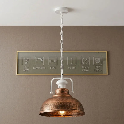Chain Pendant Light – Curvy 29 cm Metal Shade, White Yoke, 19 Colours - White, Curvy 29 cm Brushed Copper, Without Bulb