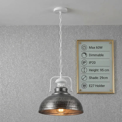 Chain Pendant Light – Curvy 29 cm Metal Shade, White Yoke, 19 Colours - White, Curvy 29 cm Brushed Silver, Without Bulb