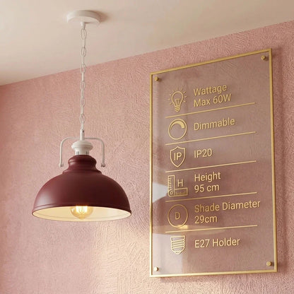 Chain Pendant Light – Curvy 29 cm Metal Shade, White Yoke, 19 Colours - White, Curvy 29 cm Burgundy, Without Bulb