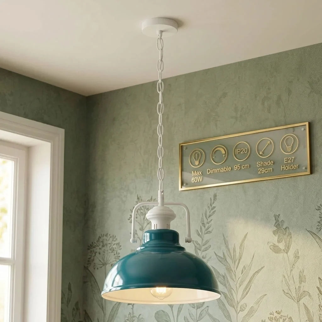 Chain Pendant Light – Curvy 29 cm Metal Shade, White Yoke, 19 Colours - White, Curvy 29 cm Cyan Blue, Without Bulb