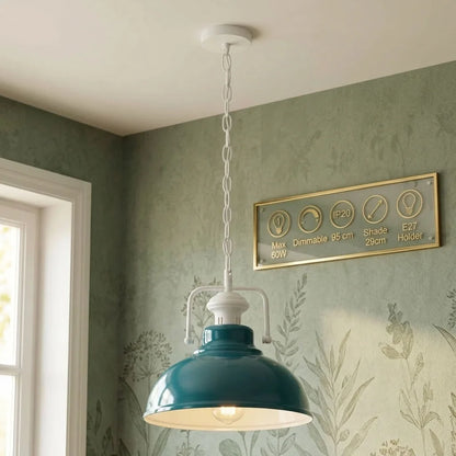Chain Pendant Light – Curvy 29 cm Metal Shade, White Yoke, 19 Colours - White, Curvy 29 cm Cyan Blue, Without Bulb
