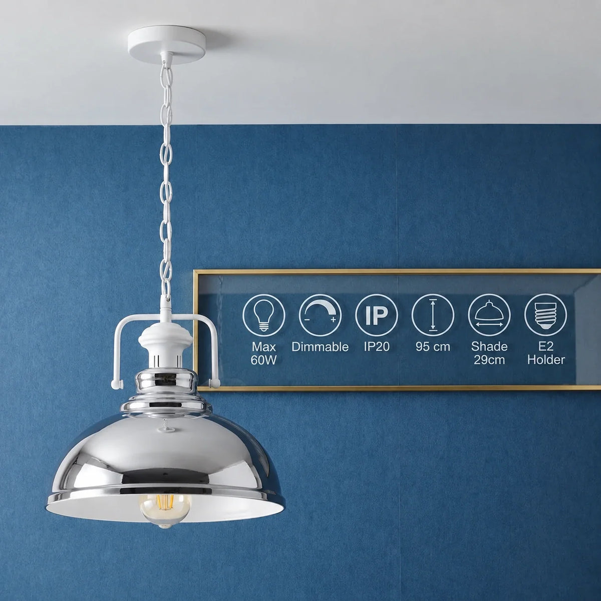 Chain Pendant Light – Curvy 29 cm Metal Shade, White Yoke, 19 Colours - White, Curvy 29 cm Chrome, Without Bulb