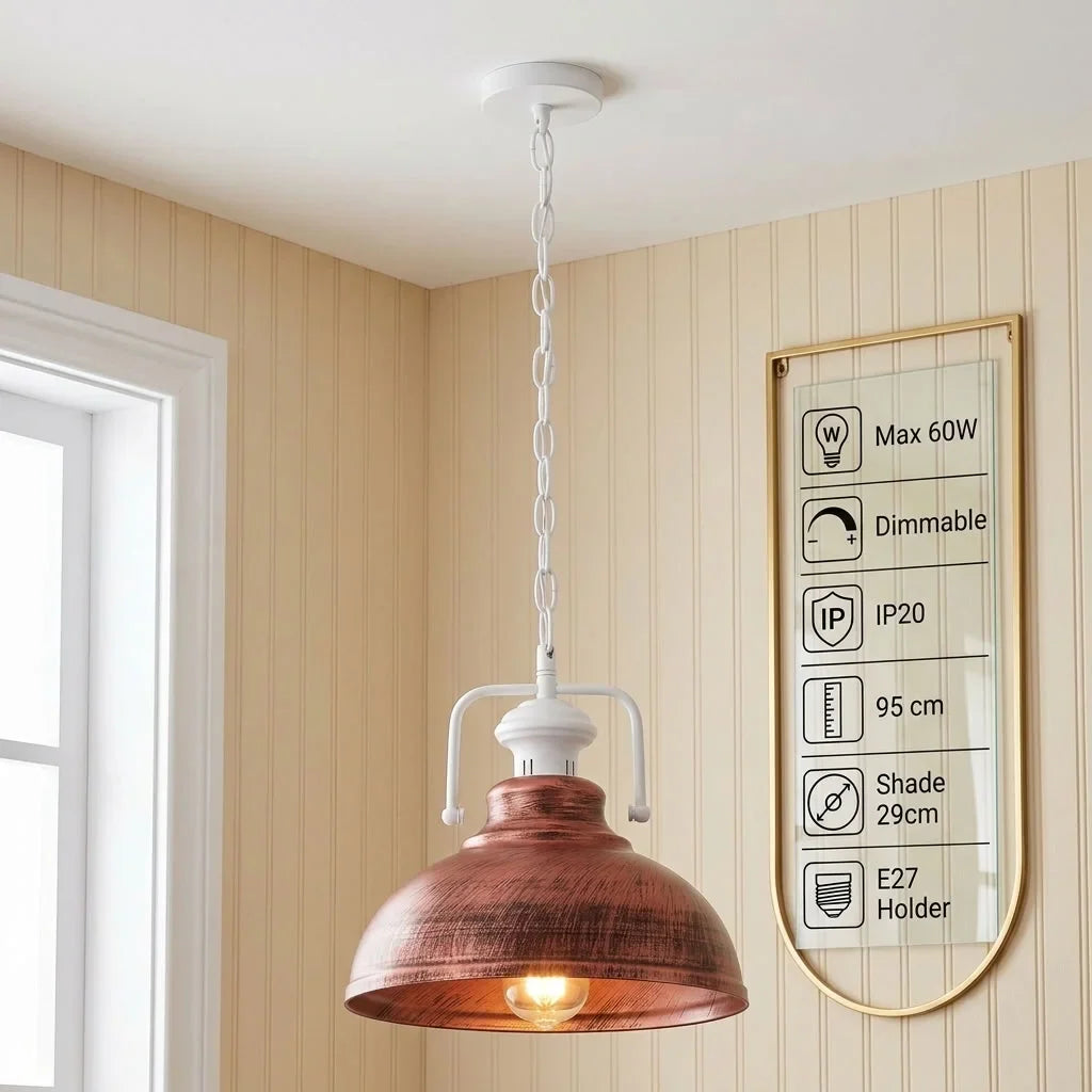 Chain Pendant Light – Curvy 29 cm Metal Shade, White Yoke, 19 Colours - White, Curvy 29 cm Rustic Red, Without Bulb