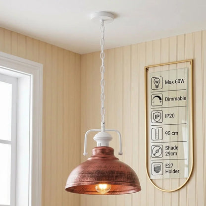 Chain Pendant Light – Curvy 29 cm Metal Shade, White Yoke, 19 Colours - White, Curvy 29 cm Rustic Red, Without Bulb