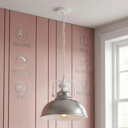 Chain Pendant Light – Curvy 29 cm Metal Shade, White Yoke, 19 Colours - White, Curvy 29 cm Satin Nickel, Without Bulb