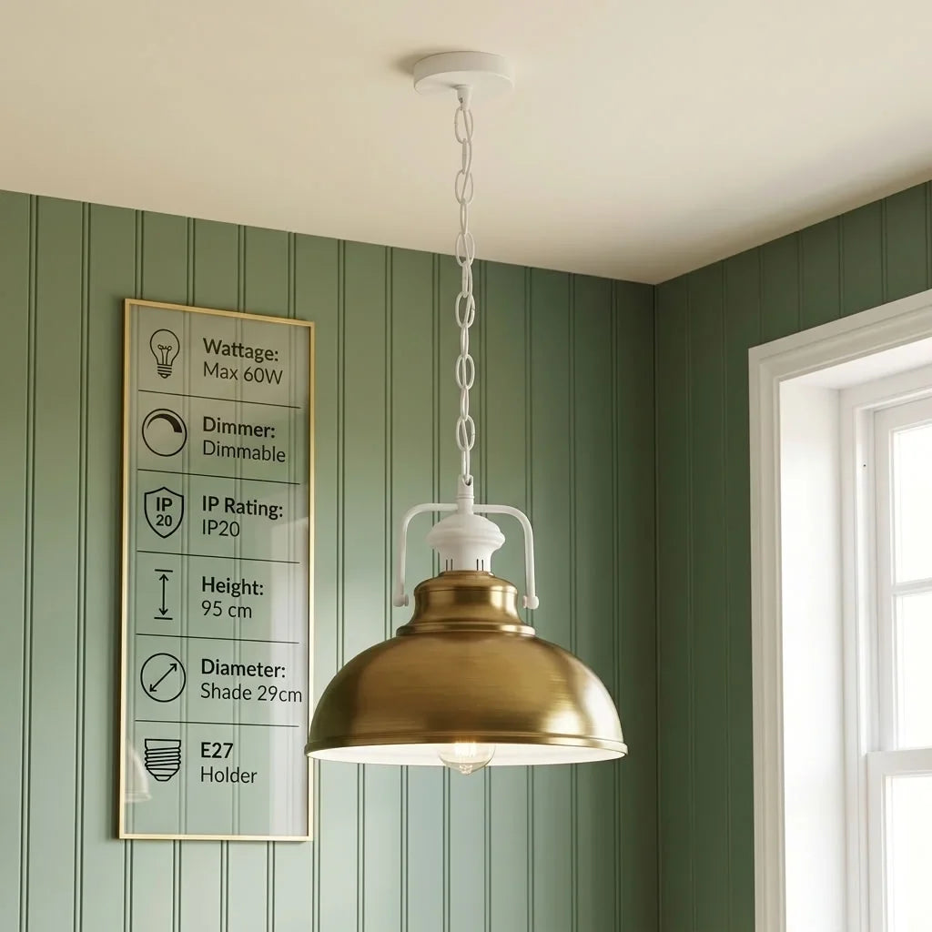 Chain Pendant Light – Curvy 29 cm Metal Shade, White Yoke, 19 Colours - White, Curvy 29 cm Yellow Brass, Without Bulb