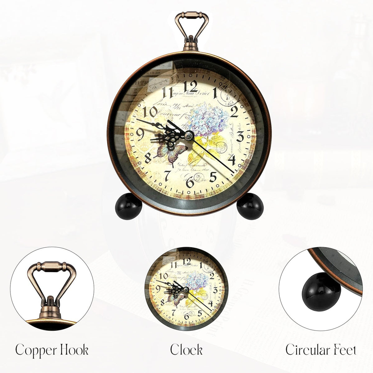 Vintage Alarm Clock – Non-Ticking, 18 cm, Floral, Butterfly or Eiffel Tower - photo 4