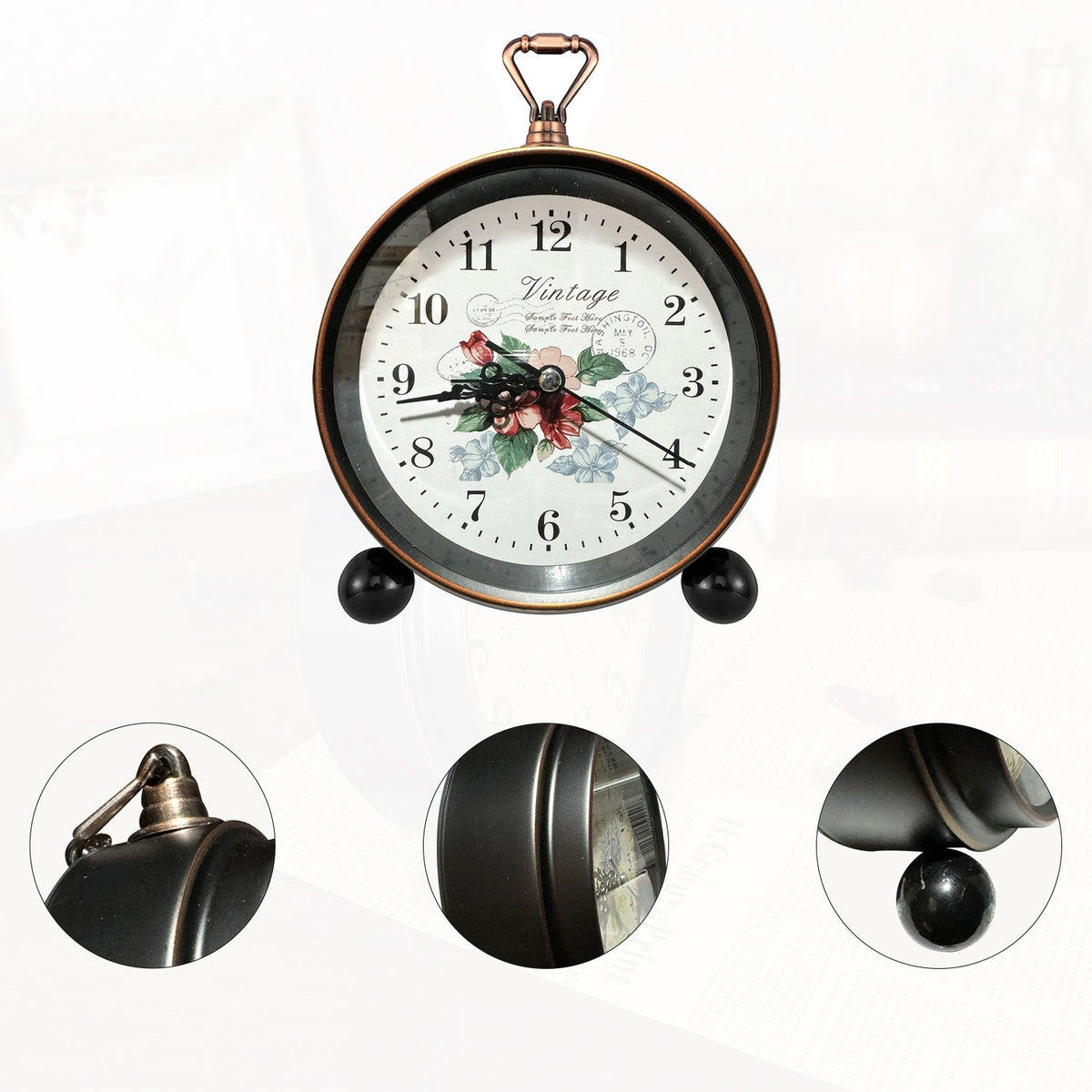 Vintage Alarm Clock – Non-Ticking, 18 cm, Floral, Butterfly or Eiffel Tower - photo 5