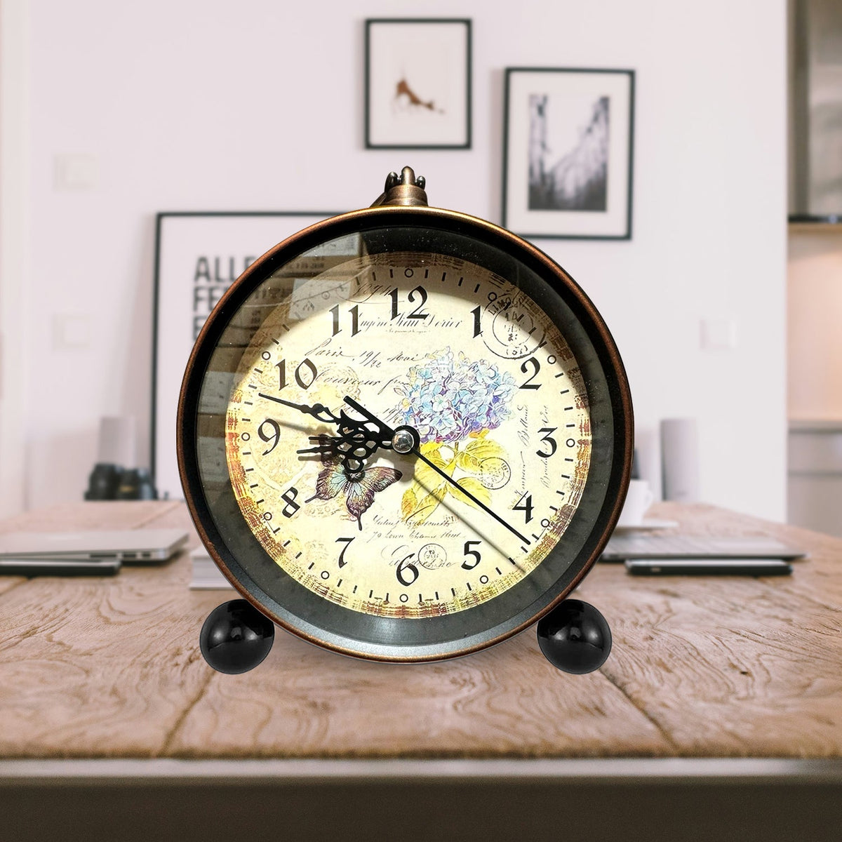 Vintage Alarm Clock – Non-Ticking, 18 cm, Floral, Butterfly or Eiffel Tower - photo 6