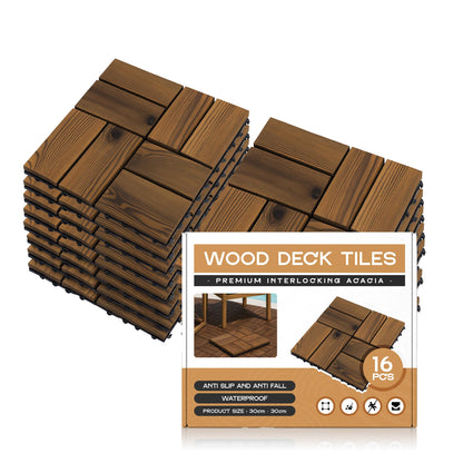 Acacia Wood Interlocking Deck Tiles – 30 x 30 cm, Packs of 9 or 16 - 16 Tiles