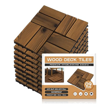 Acacia Wood Interlocking Deck Tiles – 30 x 30 cm, Packs of 9 or 16 - 9 Tiles