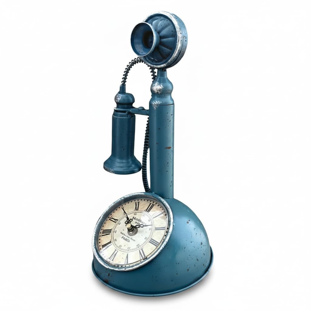 Vintage Table Clock – Telephone, Typewriter, Train, Lantern or Gas Bottle - Blue Telephone